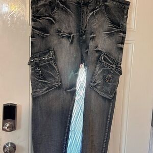 Men's Distressed Black Jeans with Cargo Pockets